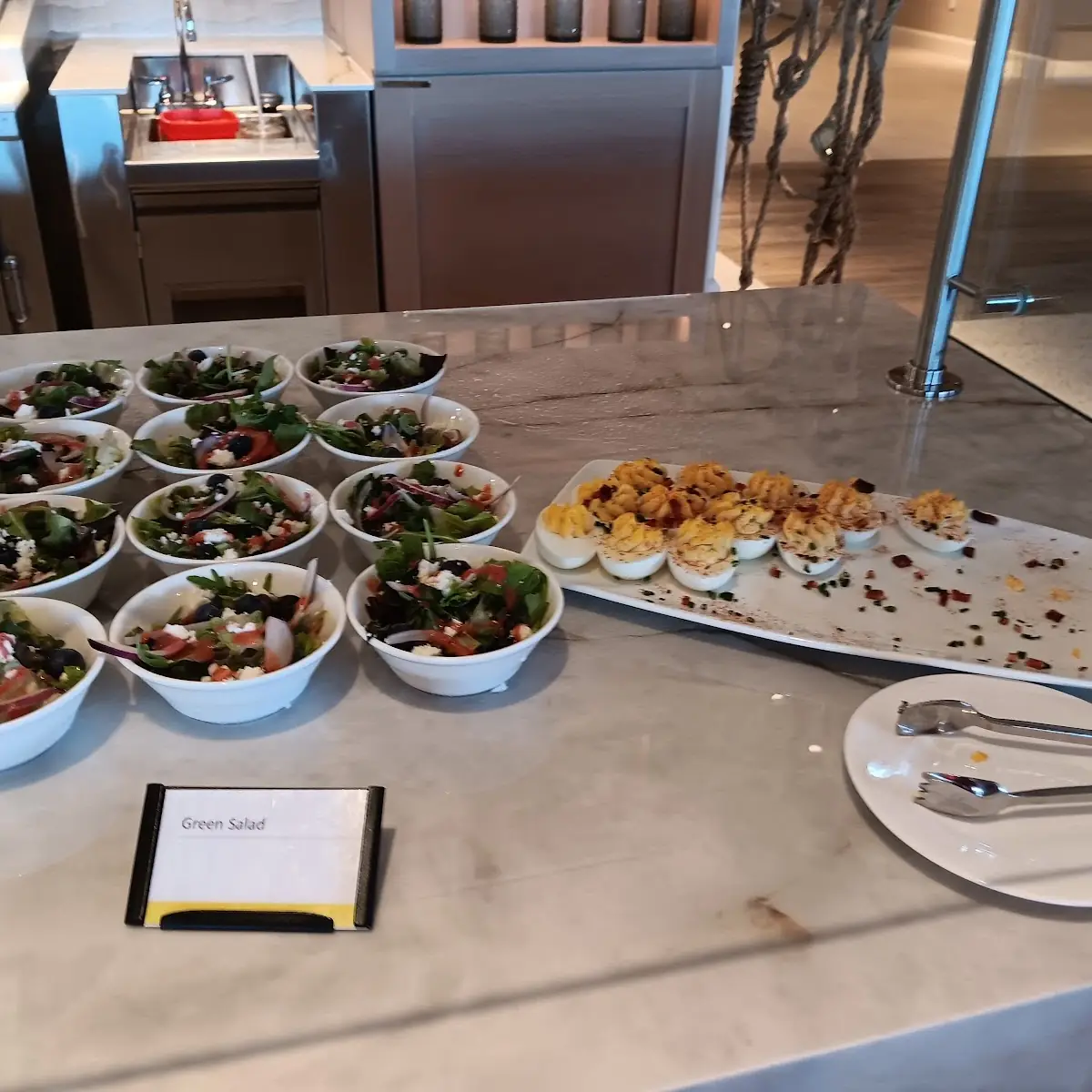 Greek Salad and Deviled Eggs at Breakfast Buffet