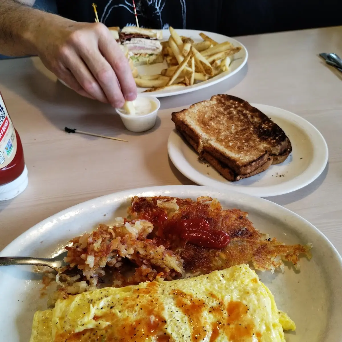 Omelette Hash Browns and Wheat Toast