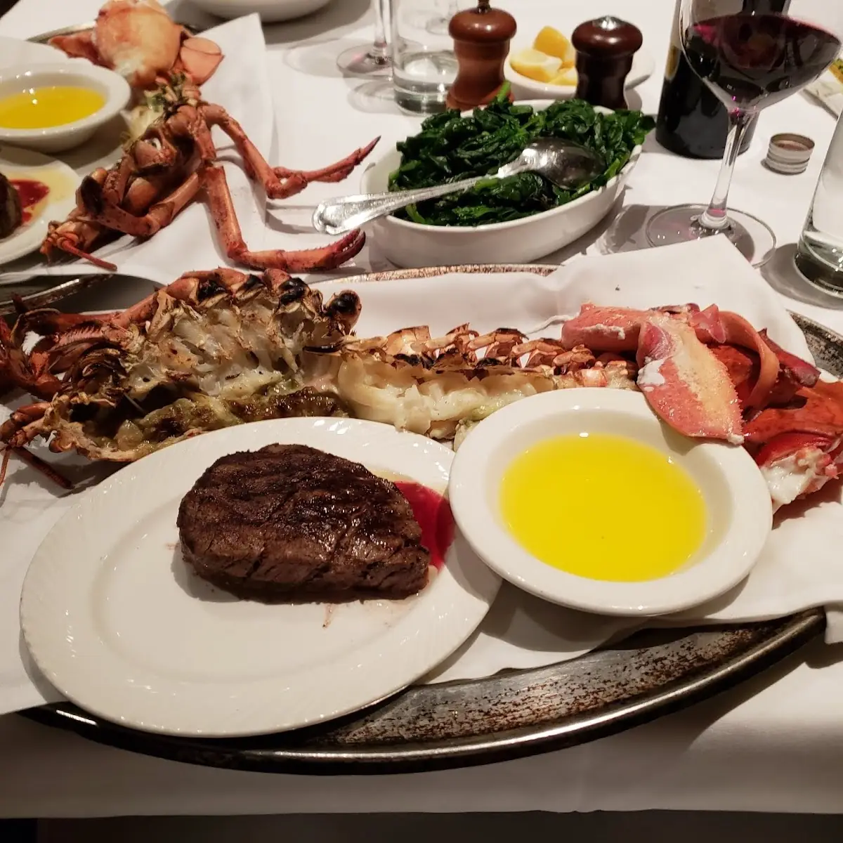 3 lb Lobster with Crab Stuffing Gnocchi Mashed Potatoes and Steak with a Lobster Tail