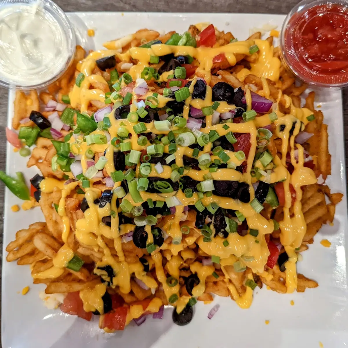 Waffle Fries with Cheese, Bricks & Barley