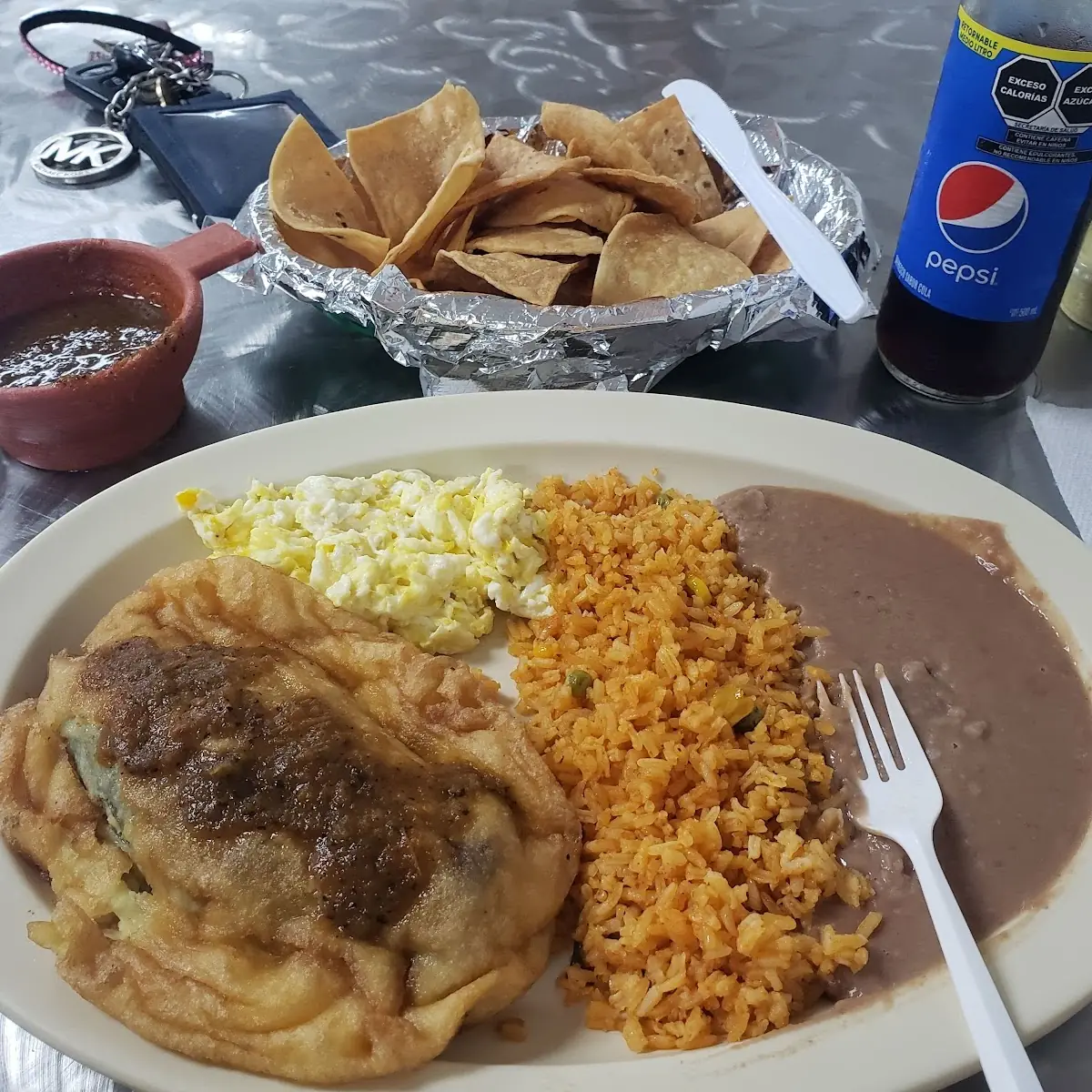 Chile Rejeno Been & Rice & and Scrambled Egg on the Sidei Added