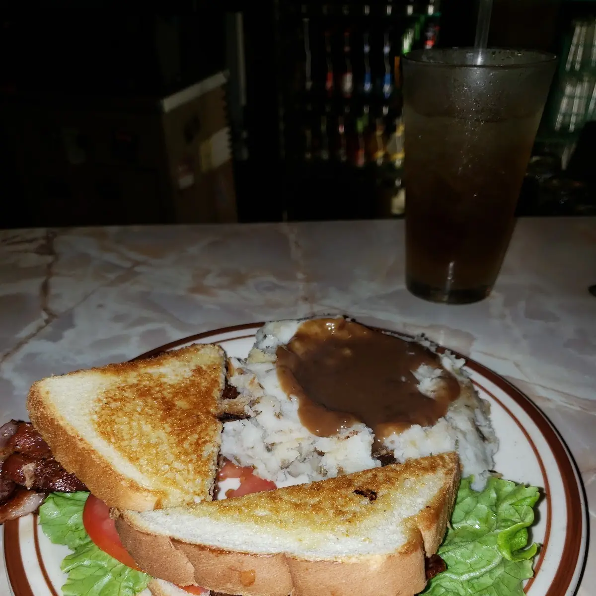 Bacon Lettuce Tomato Sandwich with Mashed Potatoes and Gravy