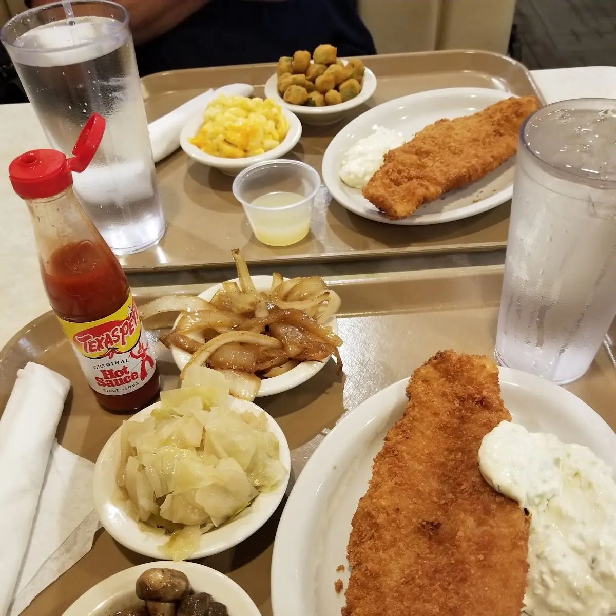 Fried Fish Cabbage Onions Mashed Potatoes