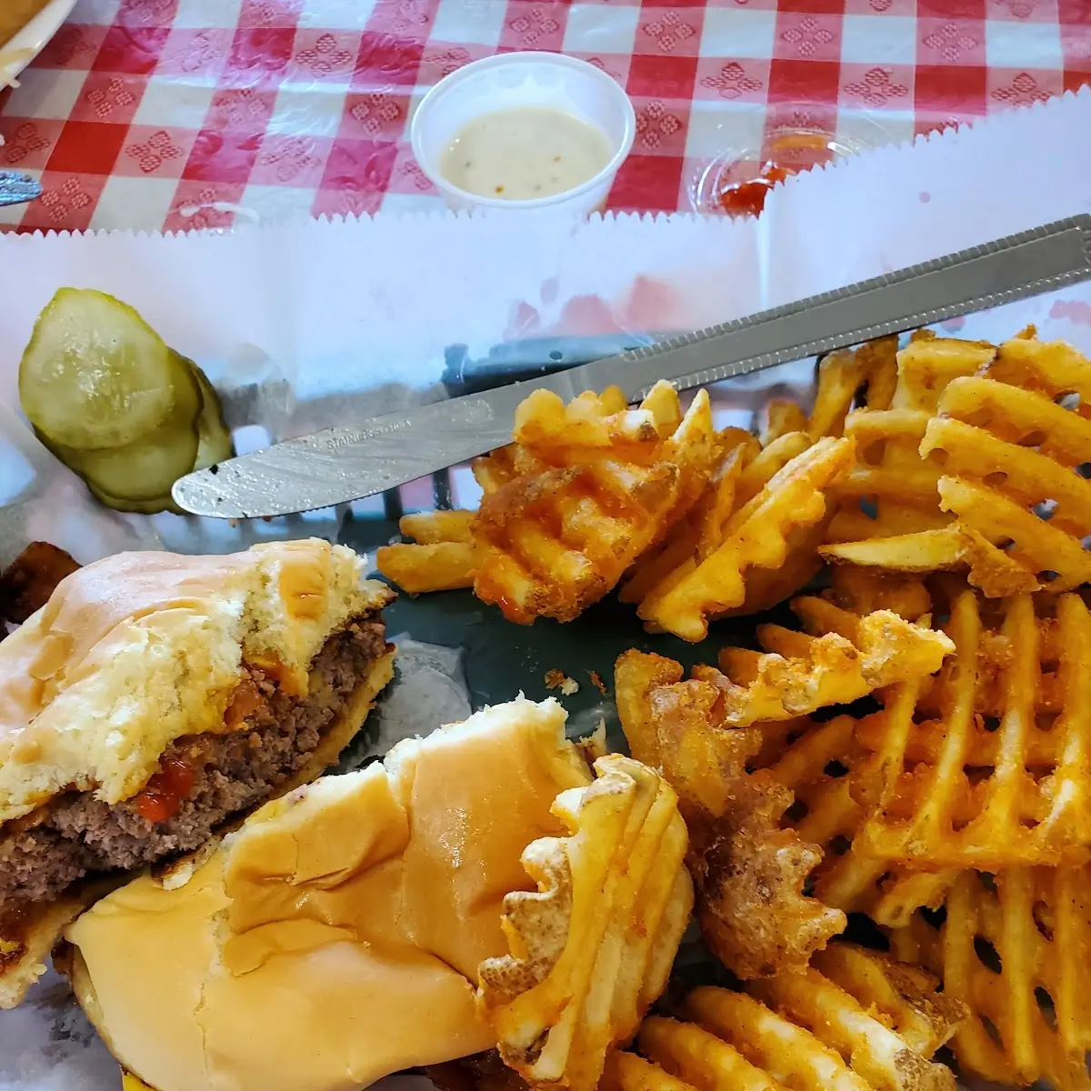 Bacon Cheeseburger and Waffle Fries