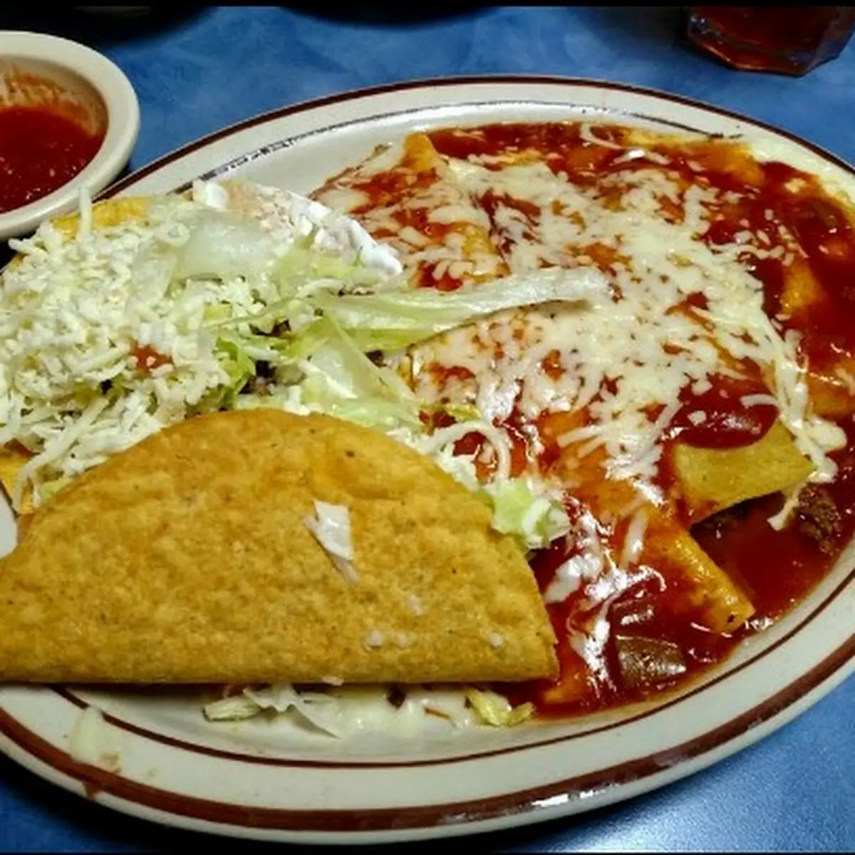 Ground Beef Taco and Enchilada with Beans and Rice