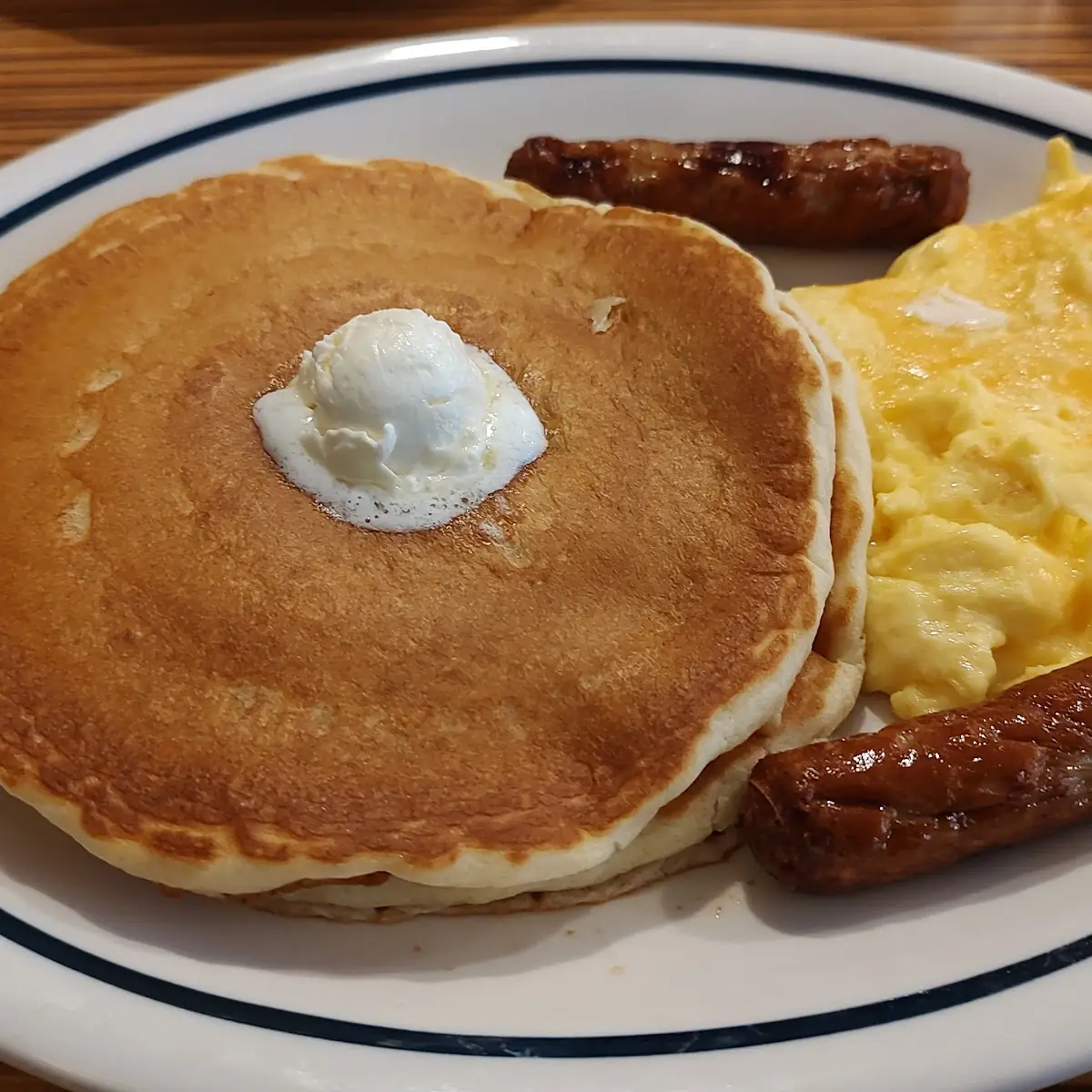 Pancakes Turkey Sausage and Eggs Scrambled with Cheese