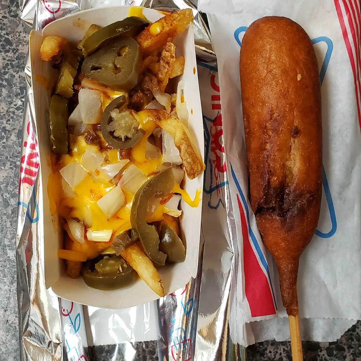 Chili Cheese Fries and Corn Dog