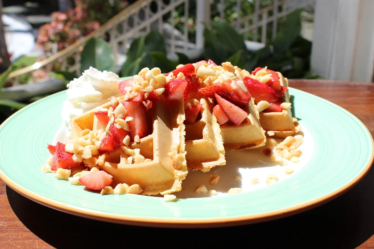 Waffle with Macadamia Nuts and Strawberries