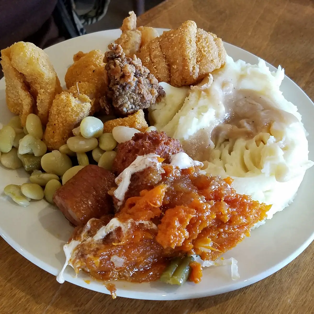 Fried Fish Mashed Potatoes Sweet Potatoes Cornbread