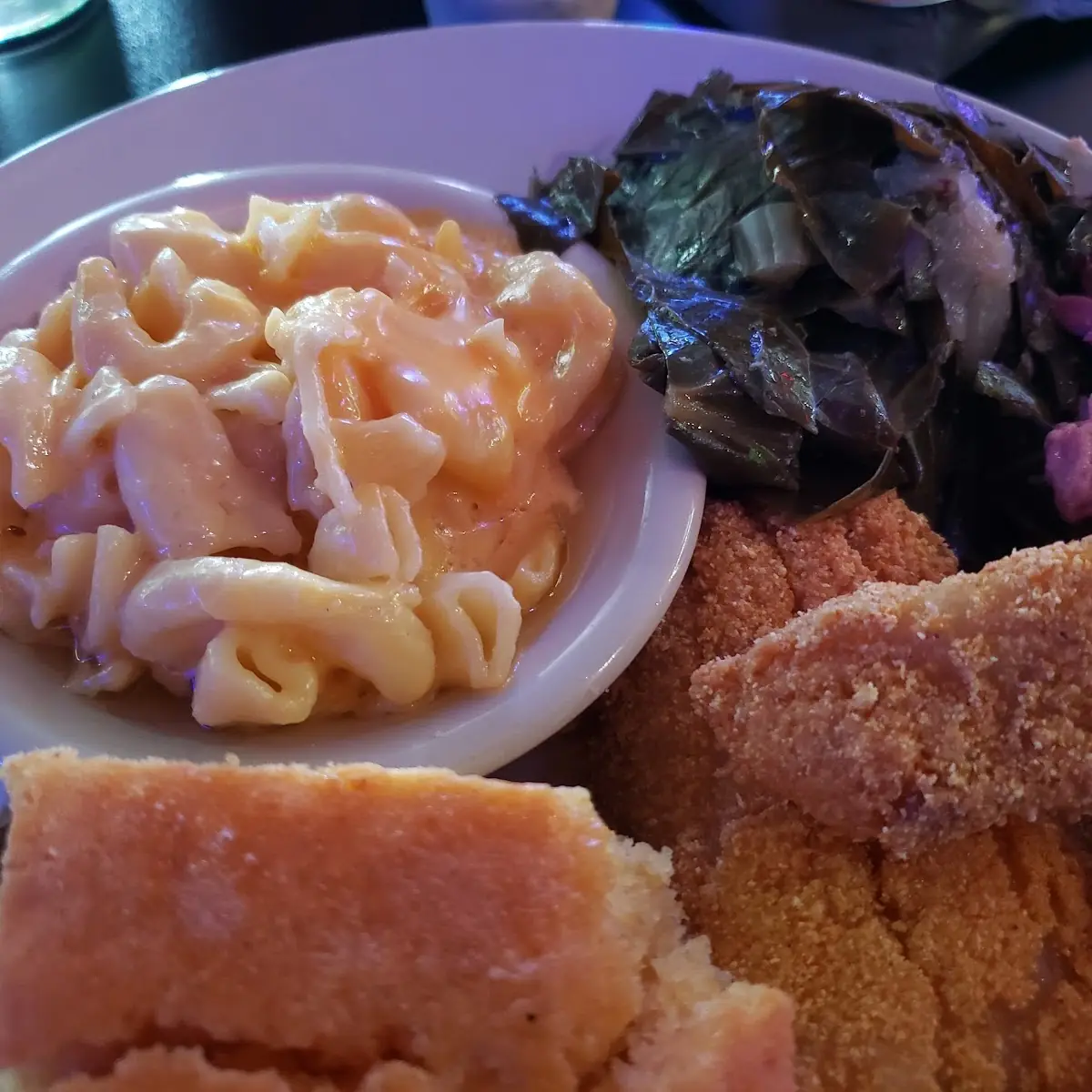 Catfish Dinner with Collard Greens and Mac & Cheese