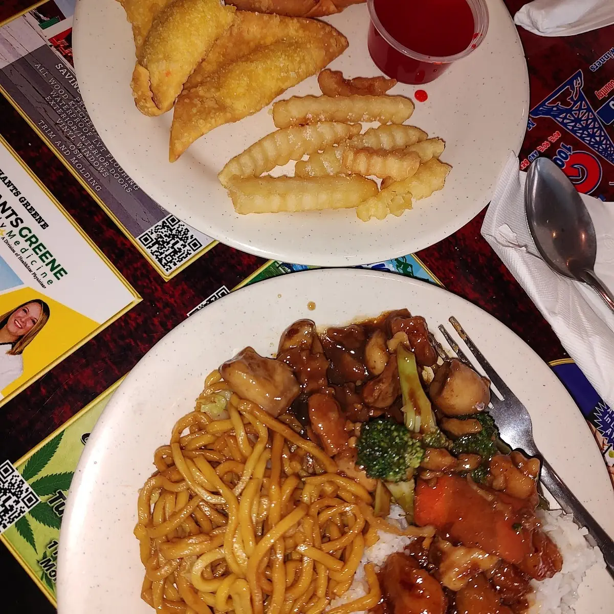 Fries Egg Rolls Crab Rangoon General TSO's Chicken Lo Mein Noodles Broccoli