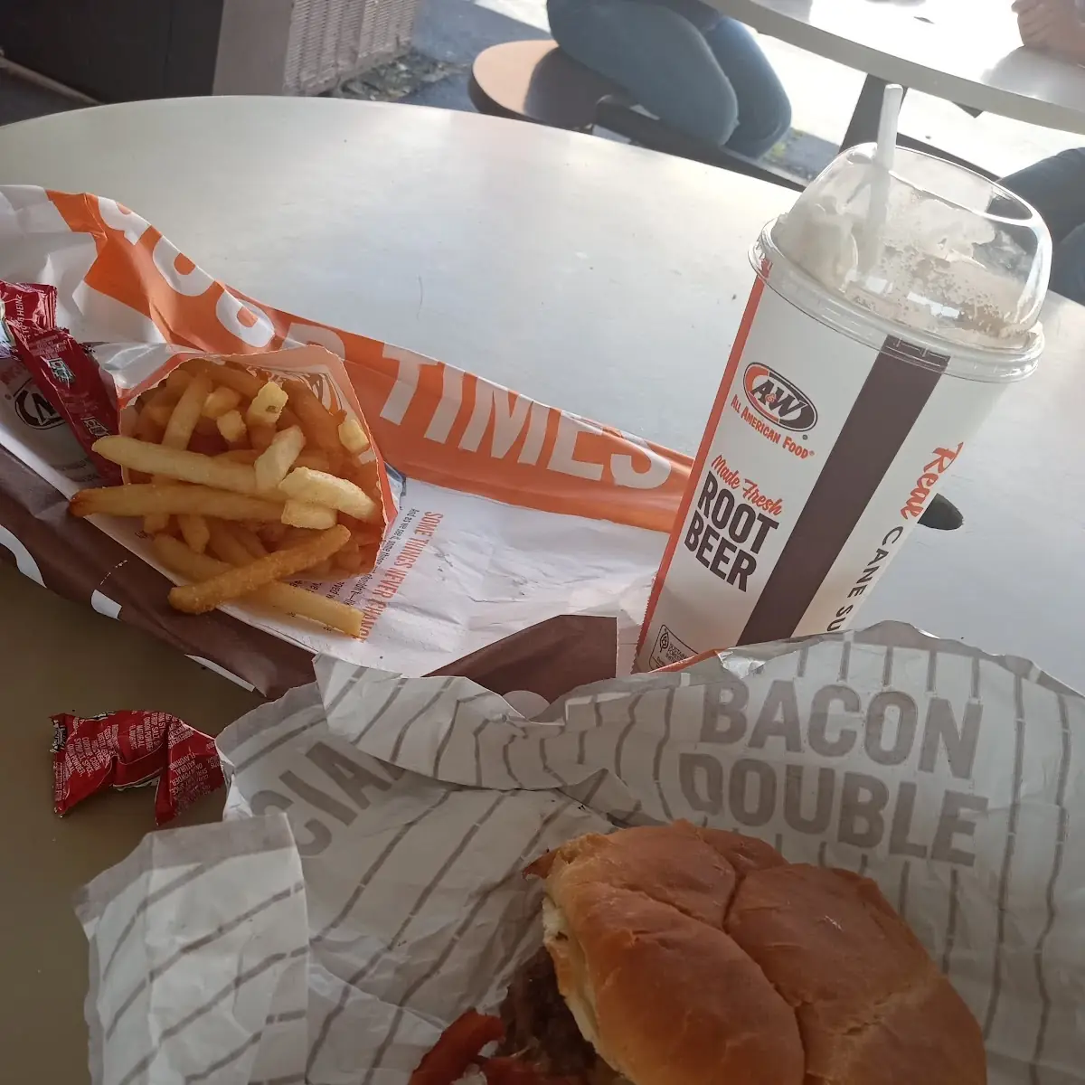 Double Bacon Cheeseburger w Fries and a Root Beer Float