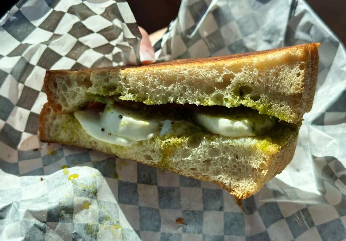 Tomato Mozzarella and Pesto Sandwich