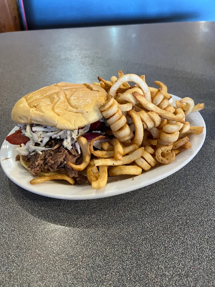 Pulled Brisket Sandwich and Curly Fries