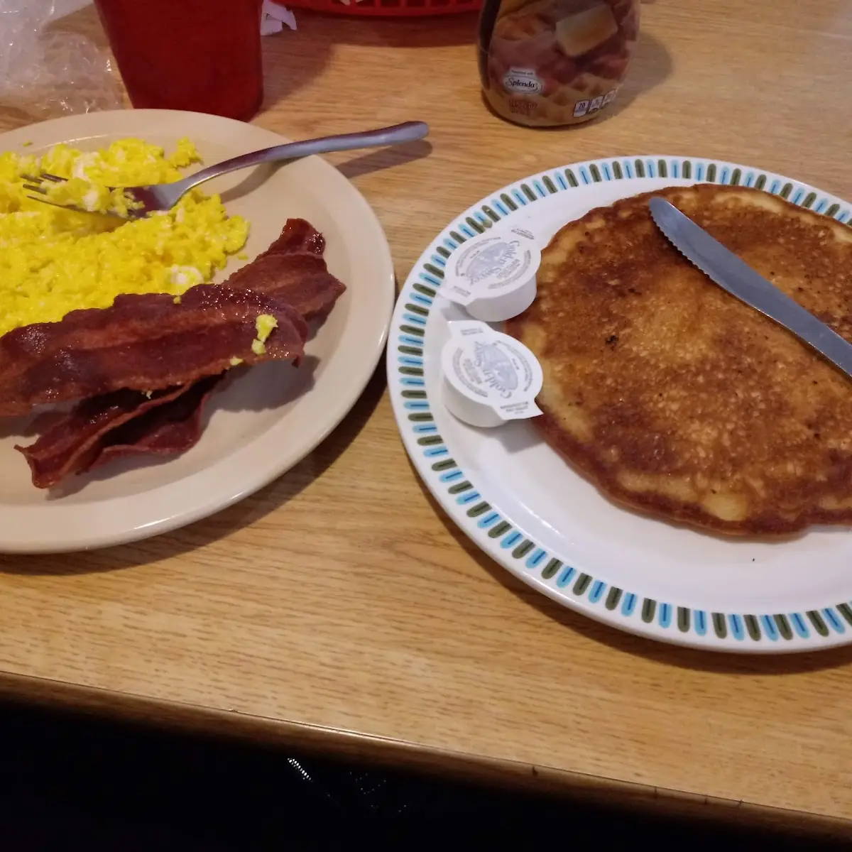 Turkey Bacon Two Eggs and One Pancake