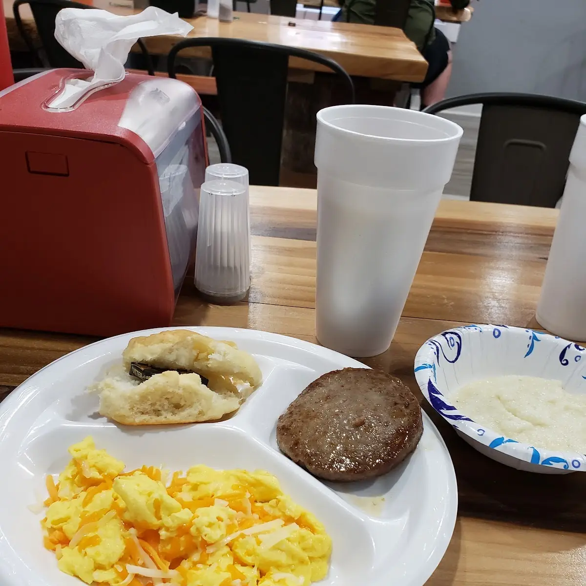 Scrambled Eggs with Cheese Biscuit Sausage Patty