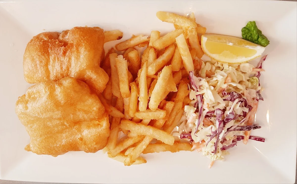 Halibut Fish and Chips and Coleslaw