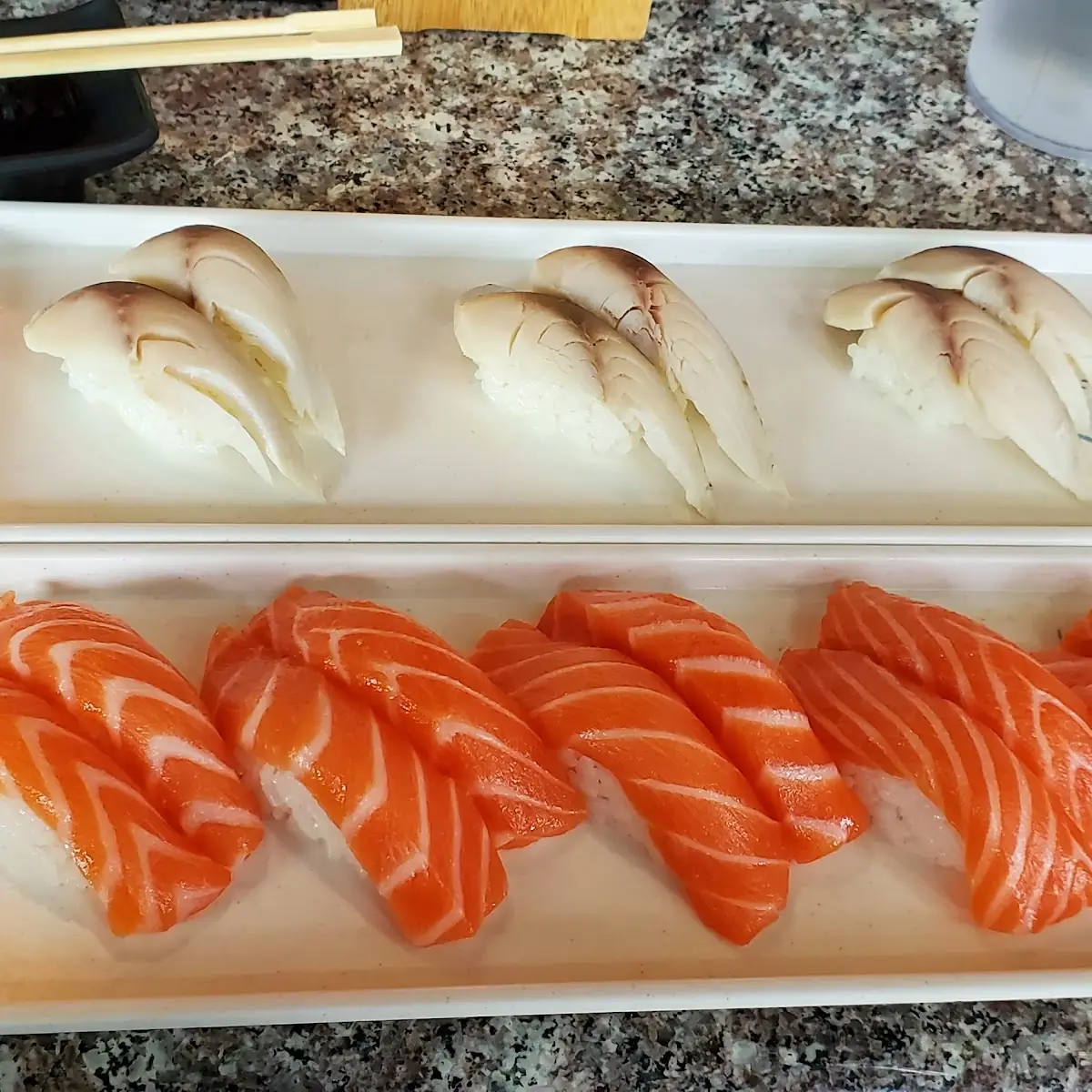 Salmon Nigiri and Saba Mackerel Nigiri