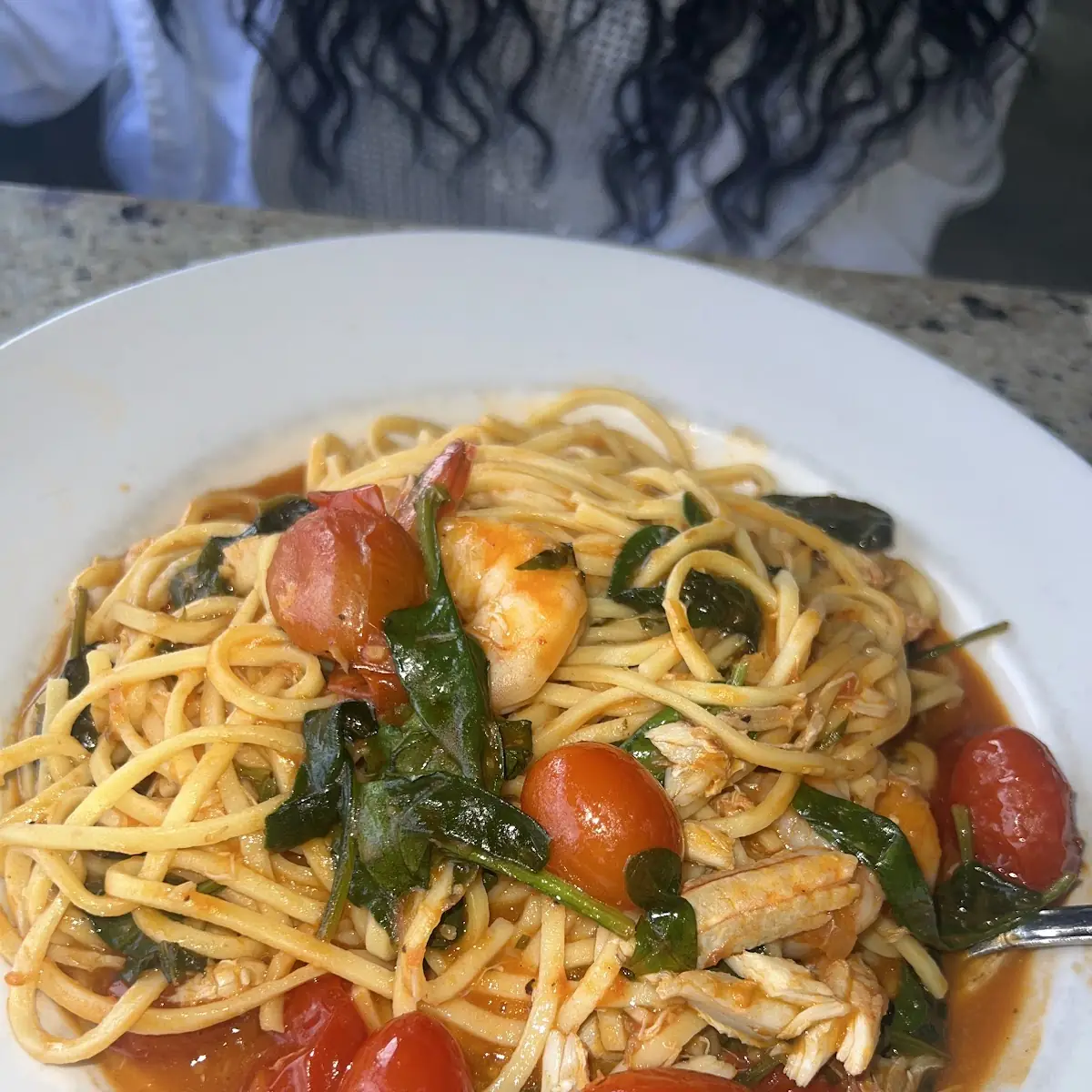 Sautéed Shrimp & Spaghetti with Sautéed Spinach Roasted Tomato Preserved Lemon