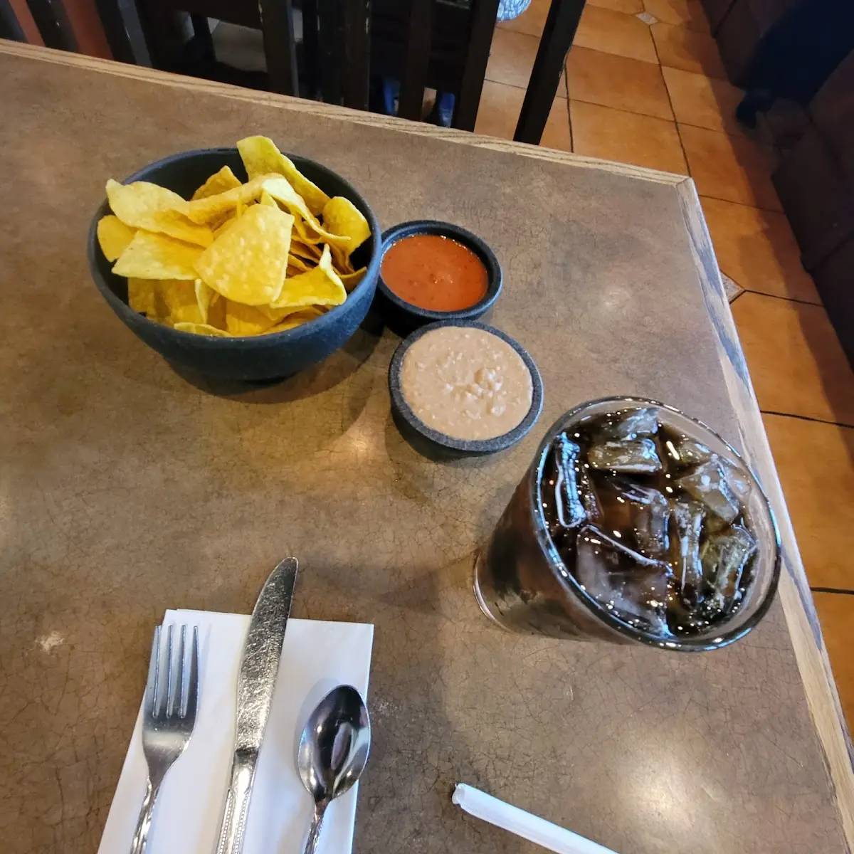 Chips Salsa and Bean Dip