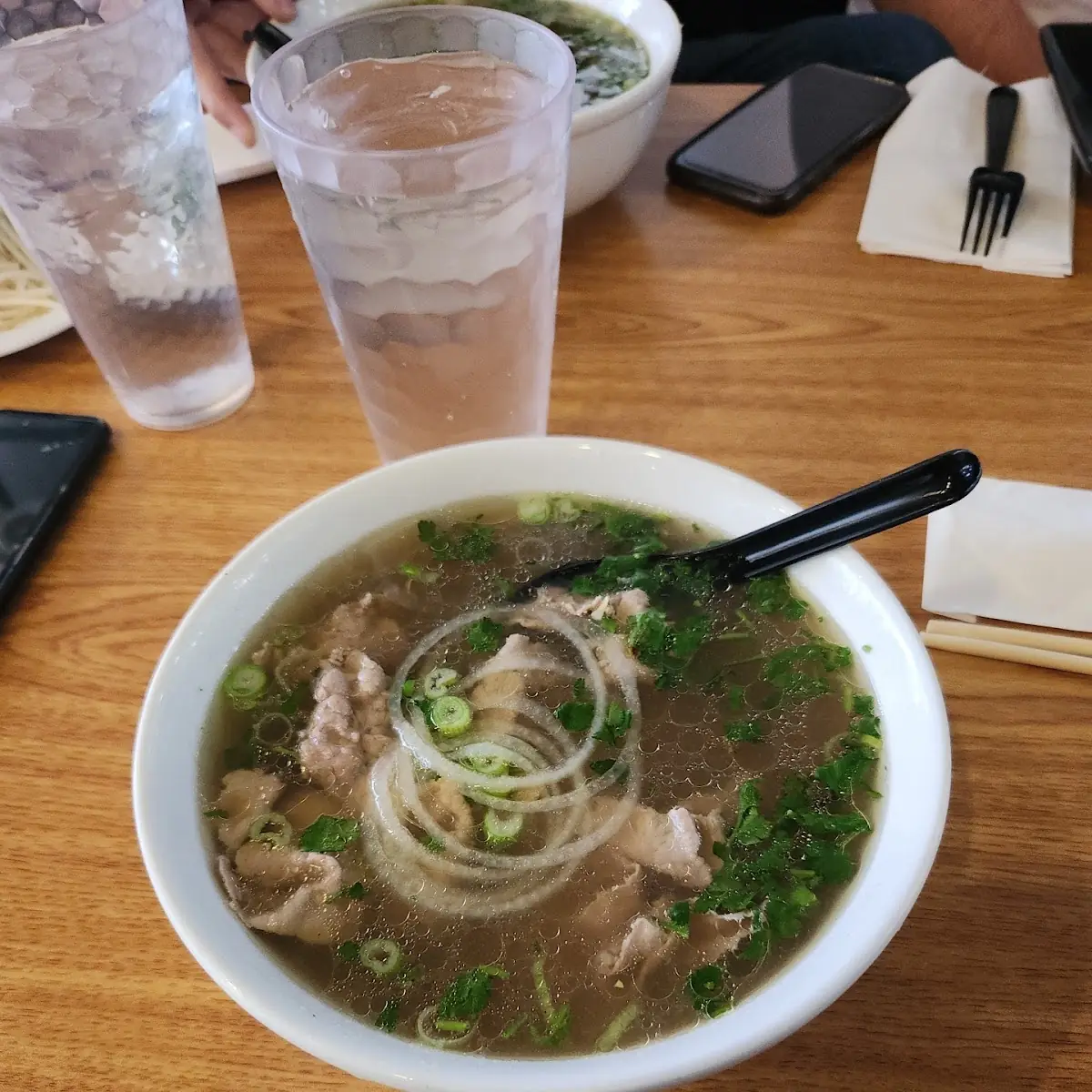 Beef Broth Noodle Soup and Spring Rolls