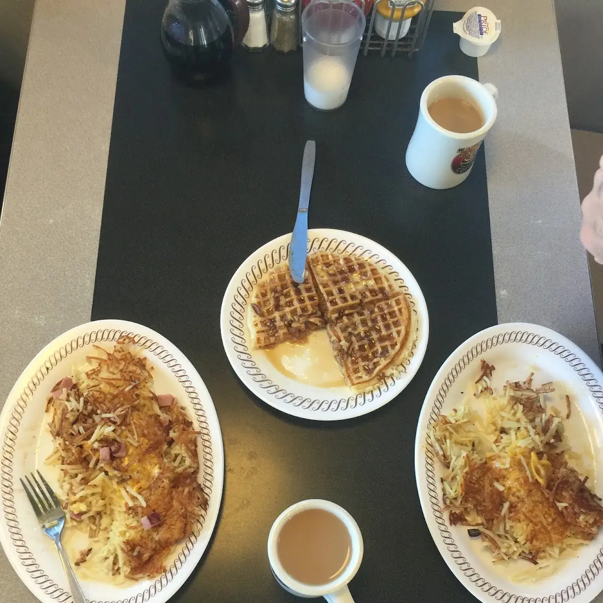 Pecan Waffles and Hash Browns with Bacon and Cheese