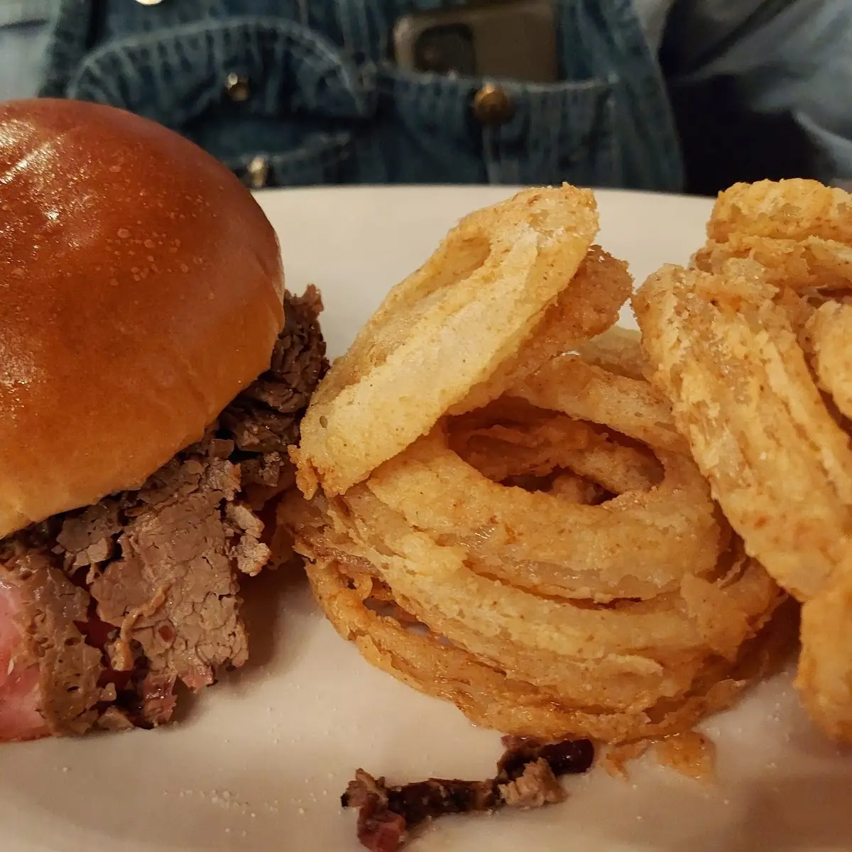 BBQ Brisket Sandwich and Onion Rings