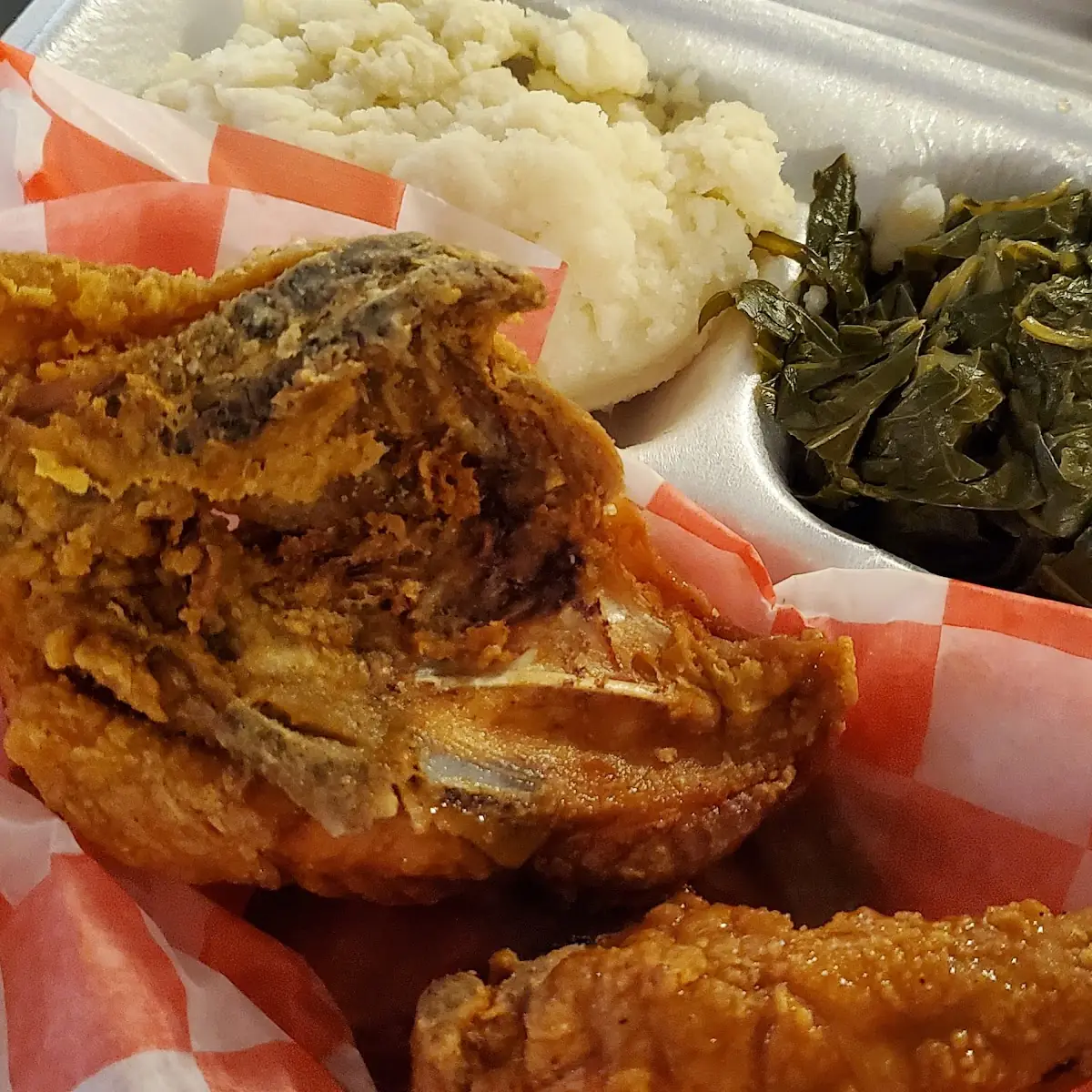 Fried Chicken with Garlic Mashed Potatoes & Collard Greens