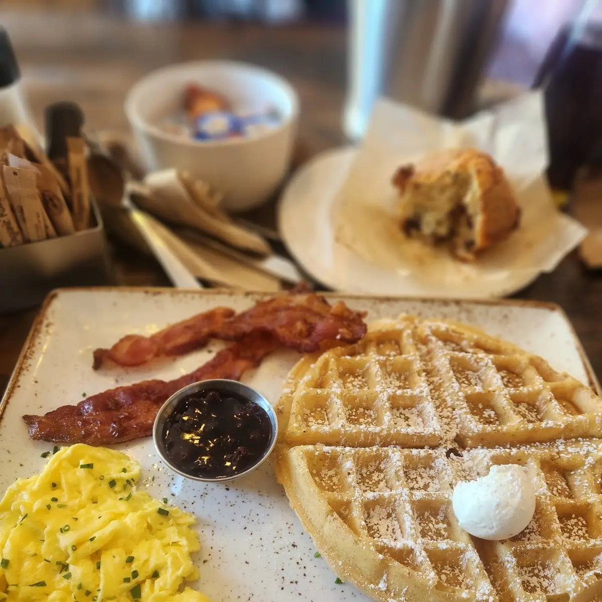 Waffle with Scrambled Eggs and Turkey Sausage