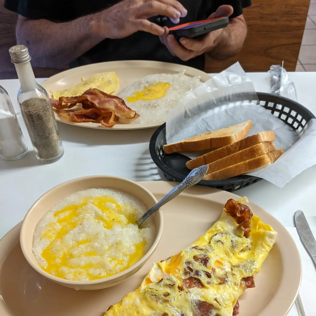Bacon and Cheese Omelette and Grits