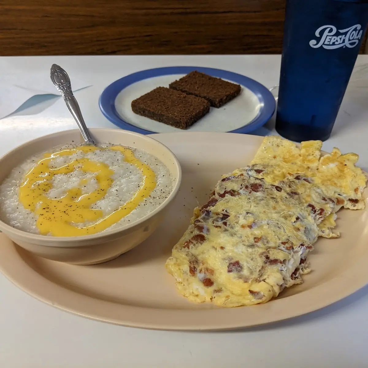 Bacon Cheese Omelet Grits Livermush