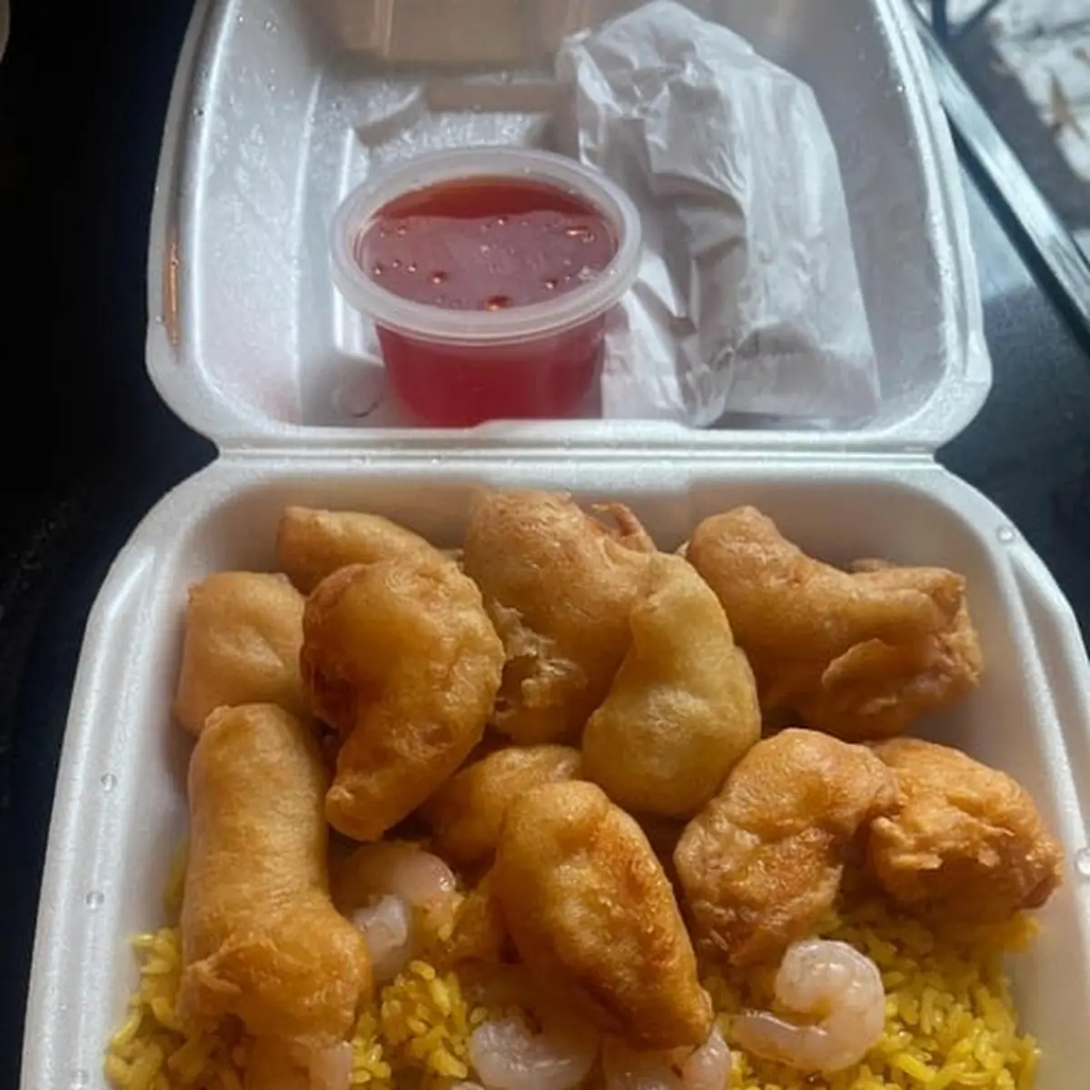 Orange Chicken Yellow Rice and Egg Rolls
