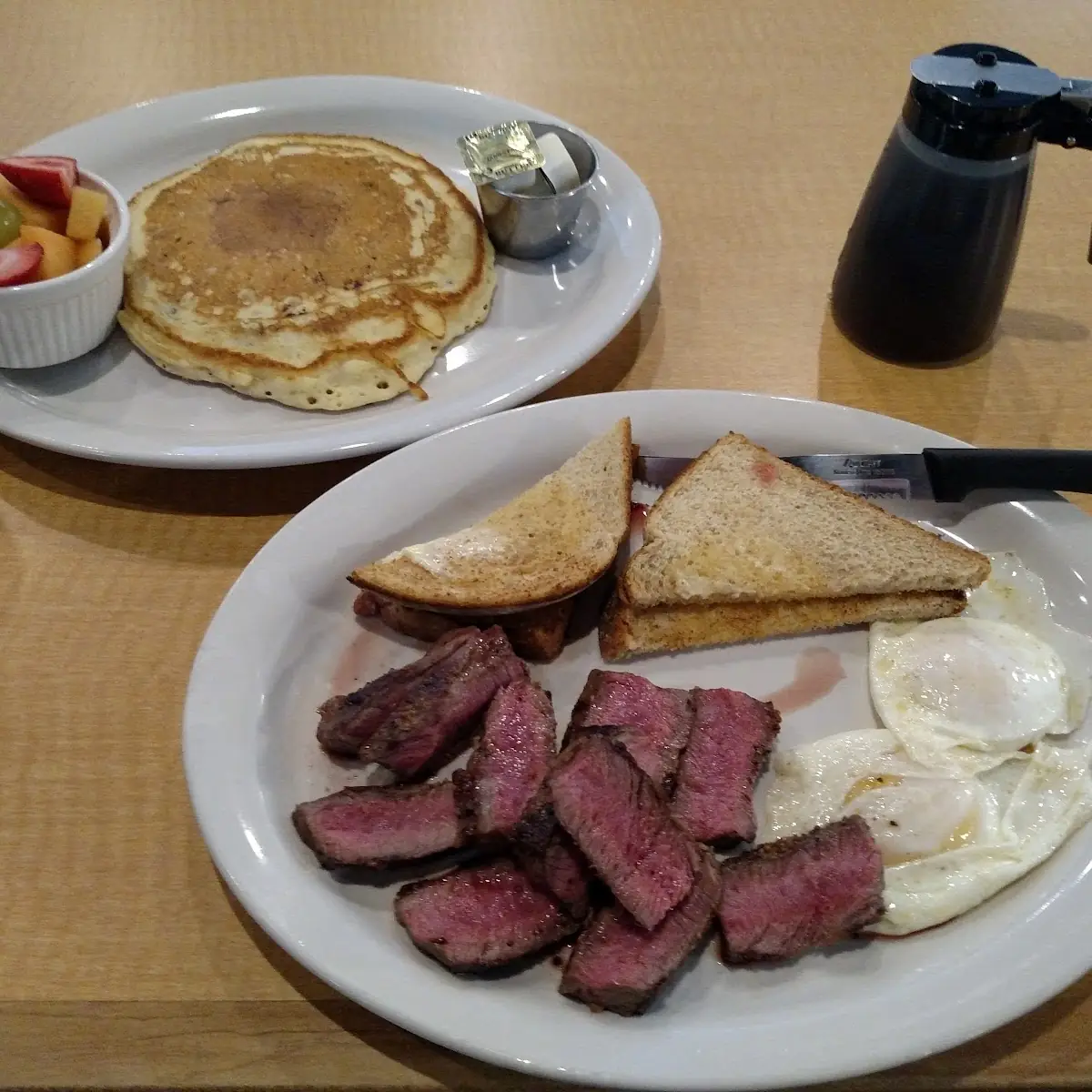 Steak & Eggs Fresh Fruit Sub for Has Browns Wheat Toast and a Blueberry Pancake