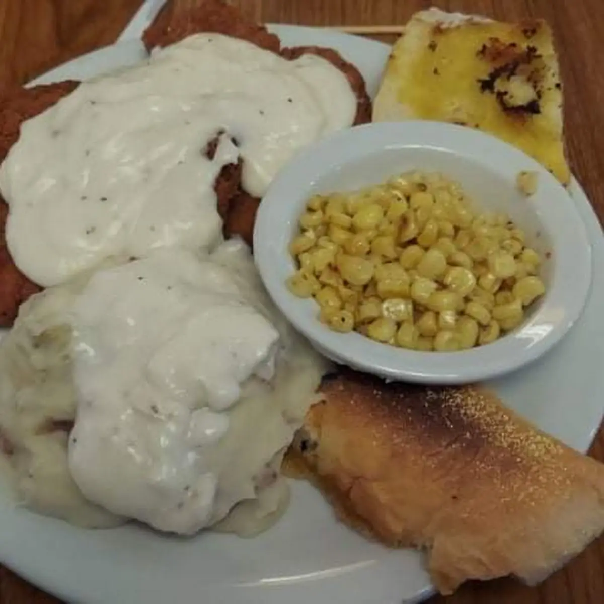 Country Fried Steak with Gravy Mashed Potatoes and Corn
