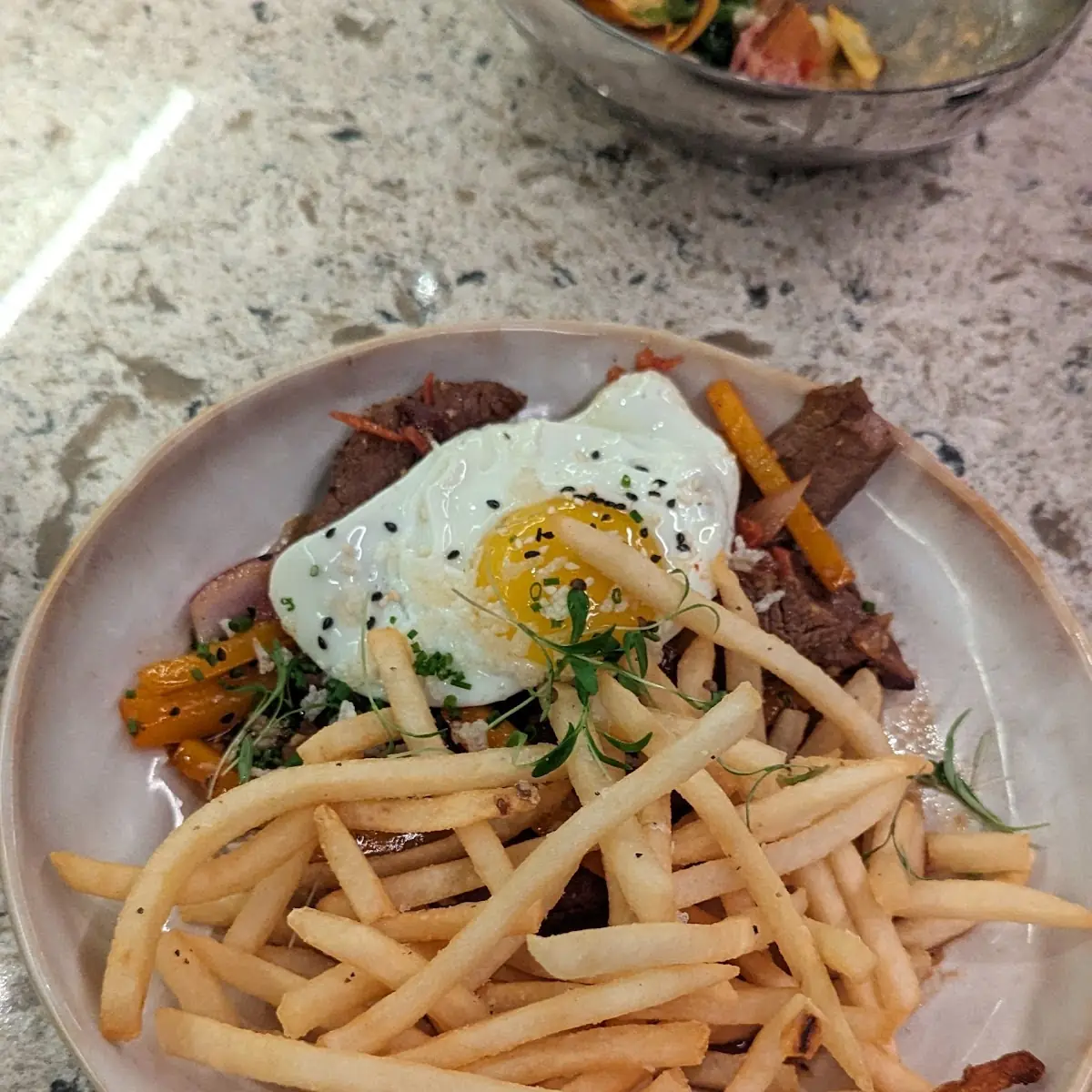 Braised Beef Fries and Eggs