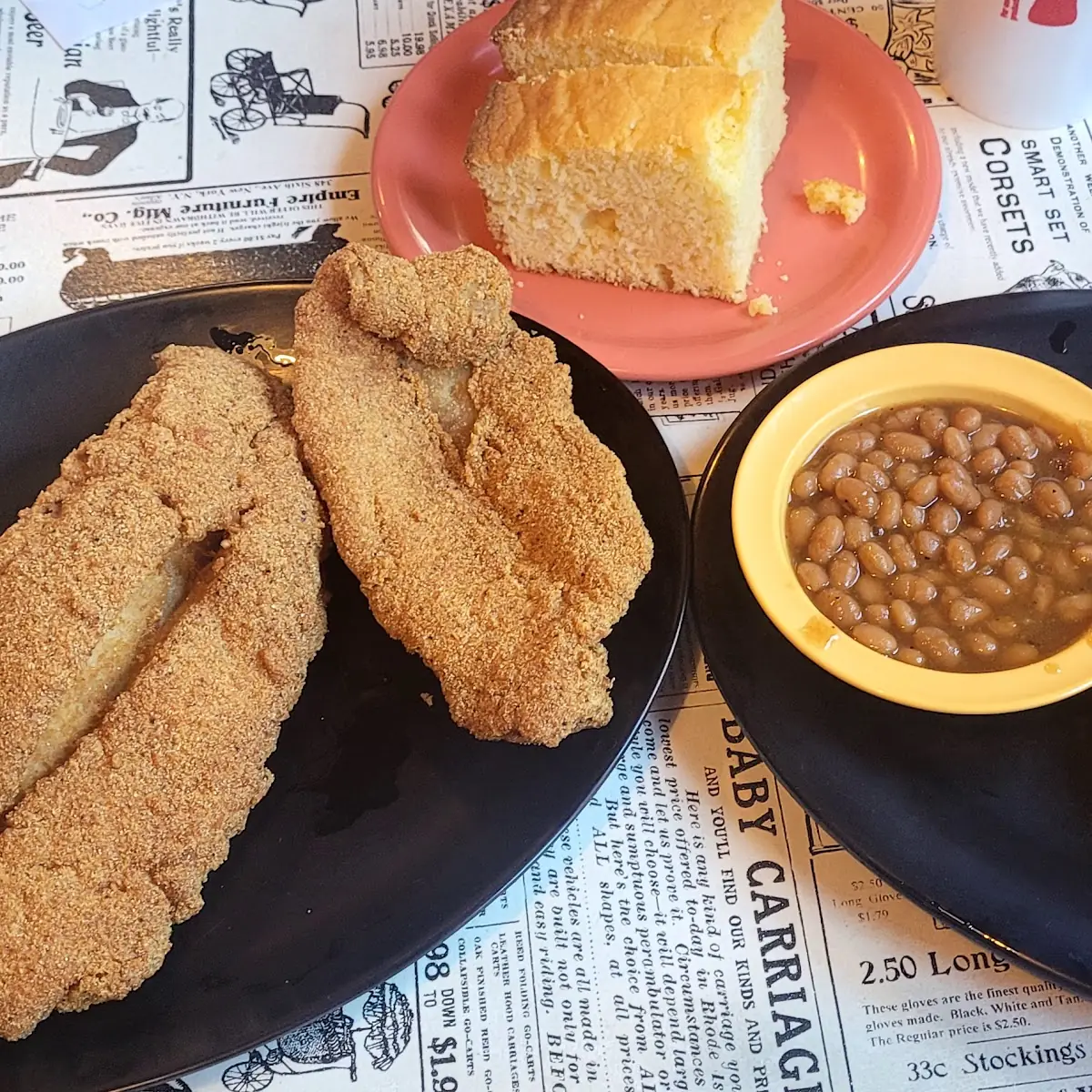 Catfish Corn Bread Mac & Cheese and Baked Beans