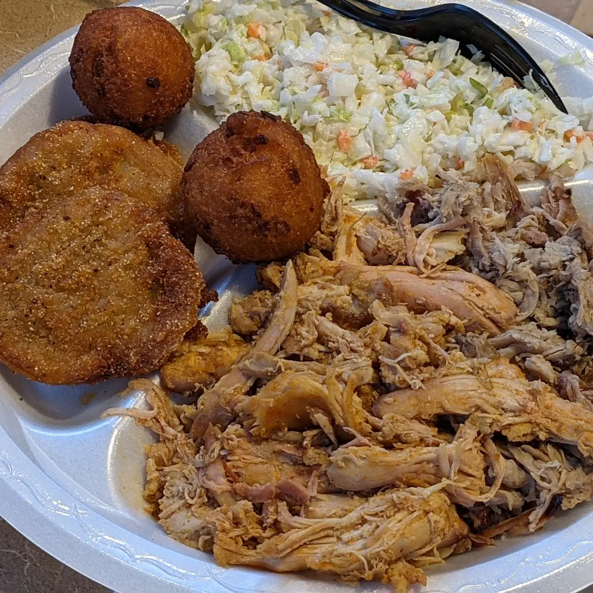 Chopped Chicken with Pulled Pork Slaw and Fried Green Tomatoes