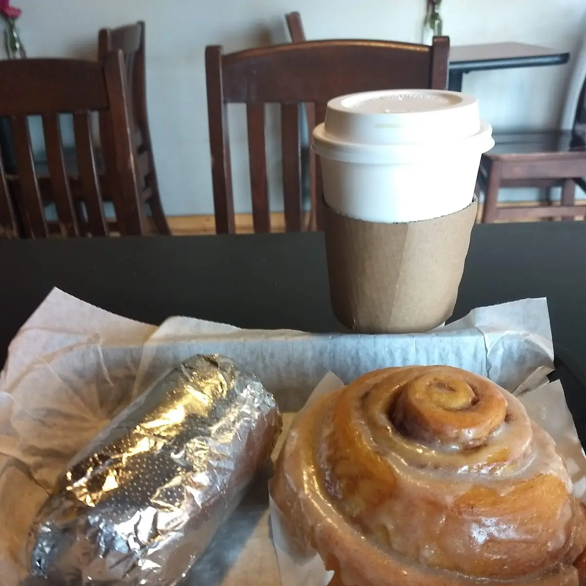 10 Breakfast Burrito Cinnamon Roll and Coffee