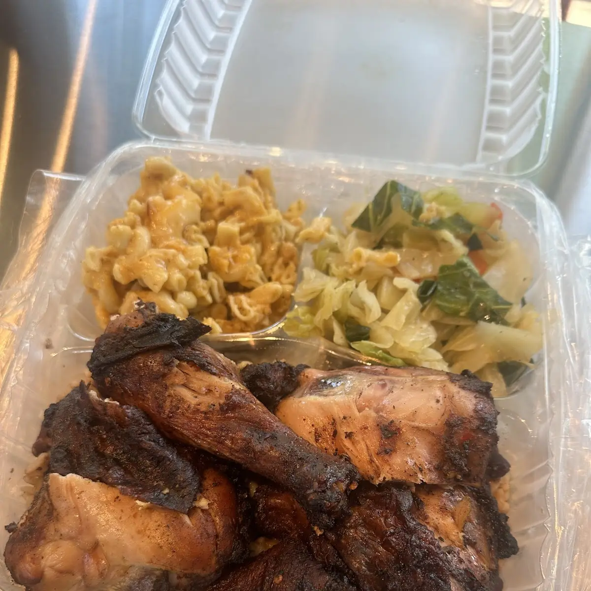 Dark Jerk Dinner Mac and Cheese Red Beans and Rice and Cabbage 10 10 U Will not Be Disappointed