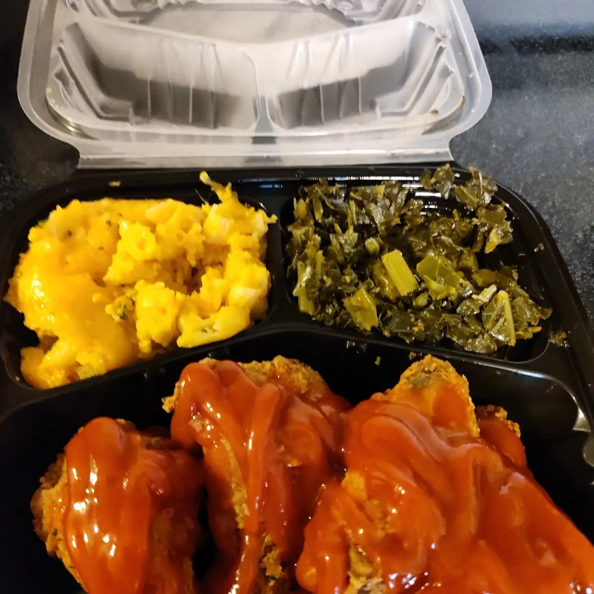 Fries Wing Ding Platter with Mac & Cheese and Collard Greens