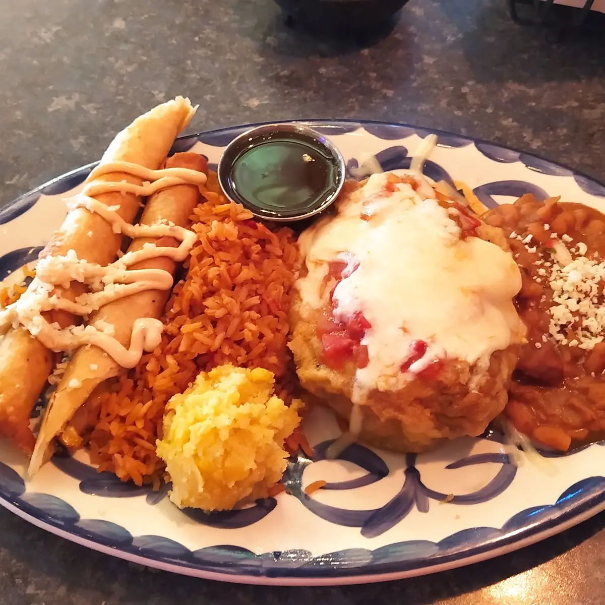 Crispy Chicken Flautas and Chile Relleno