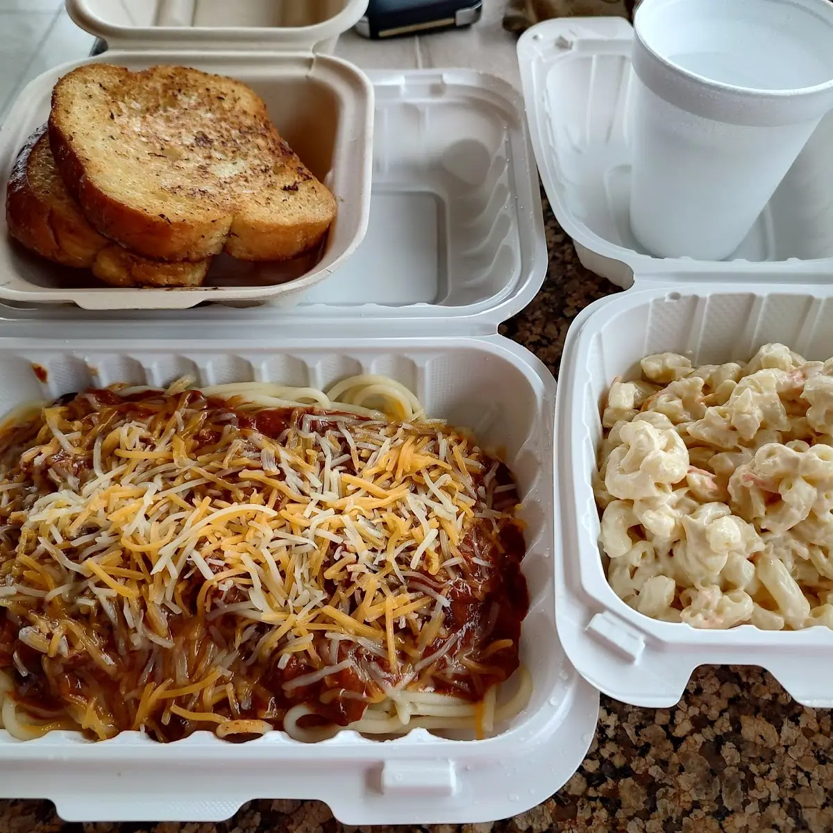 Chili Spaghetti Garlic Bread & Mac Salad