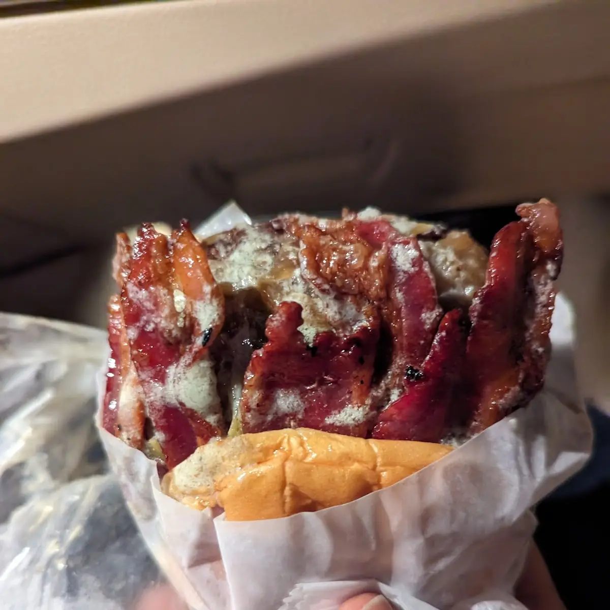 Smashed Bacon Wrapped Hot Dog