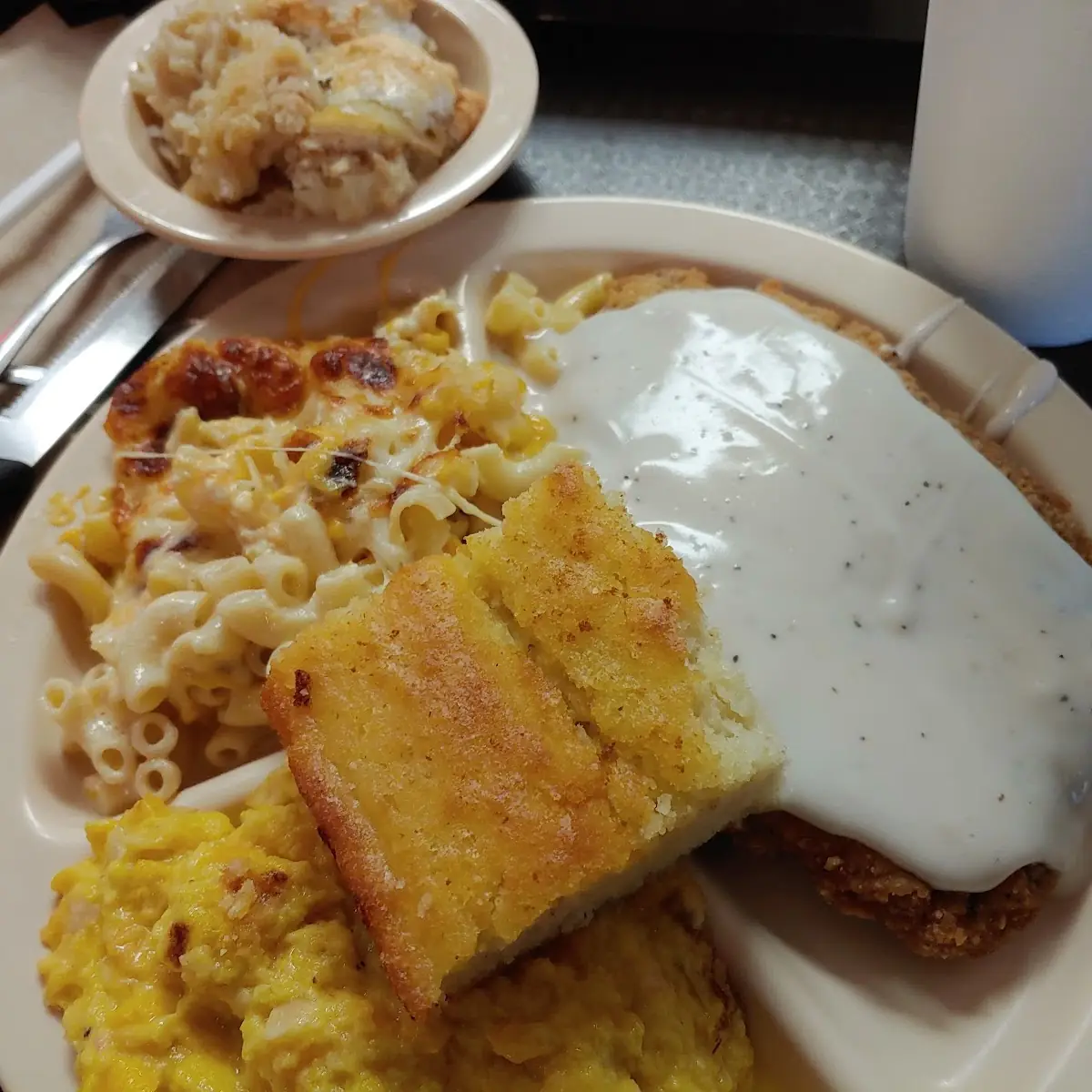 Country Fried Steak Mac and Cheese Cornbread