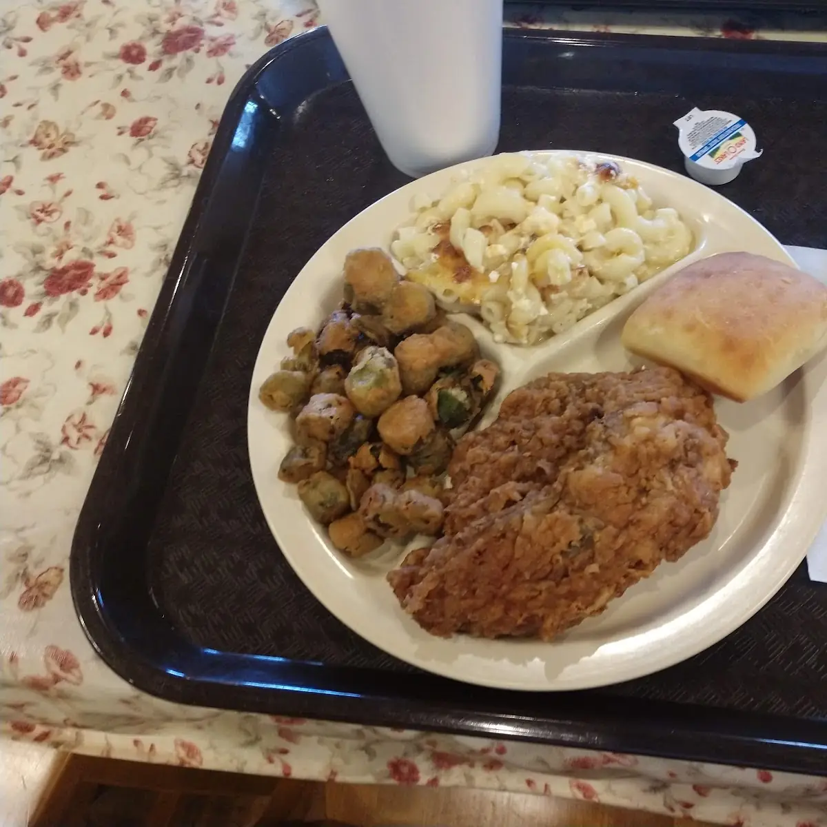 Fried Chicken Fried Okra and Mac N Cheese