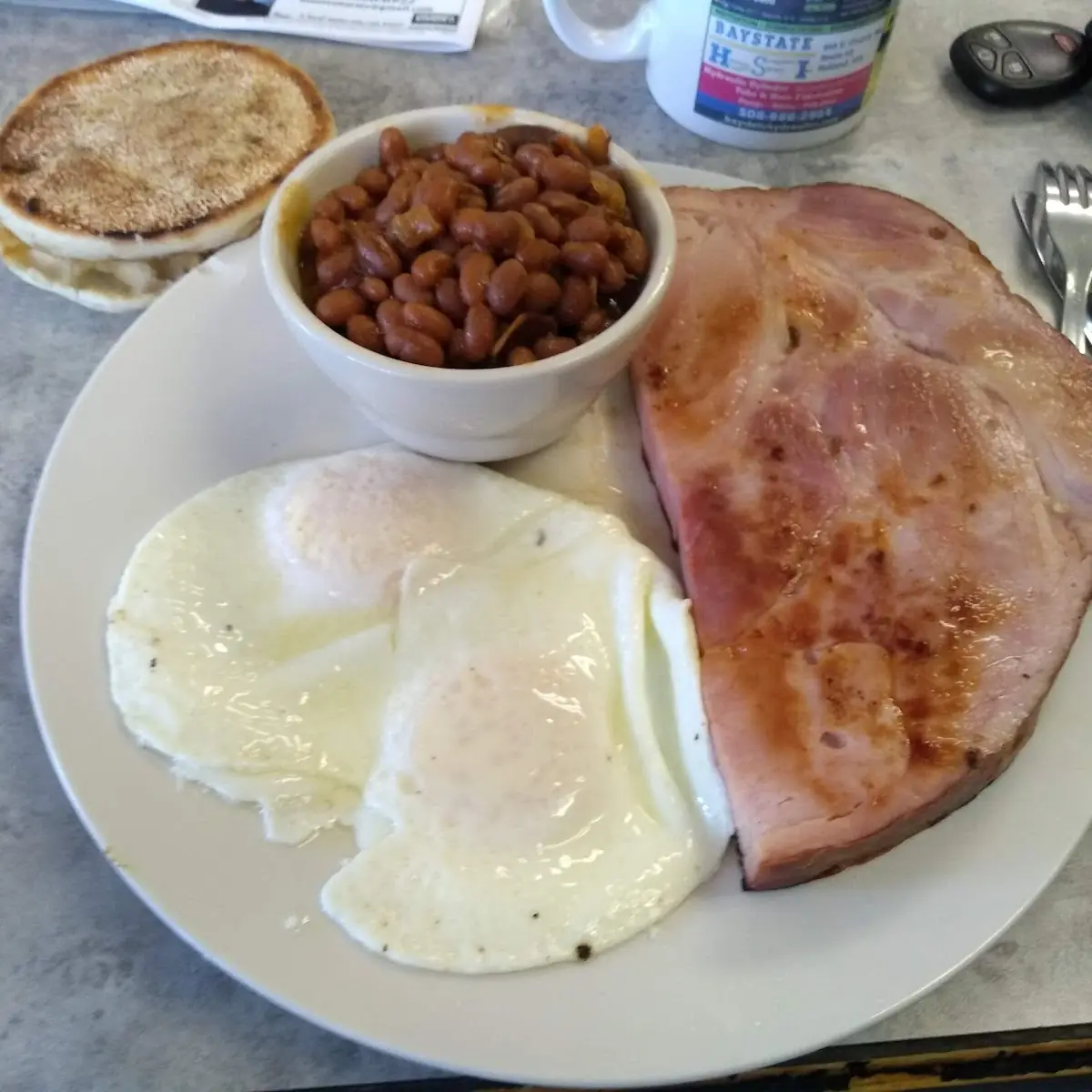 Eggs over Easy with Ham and Baked Beans