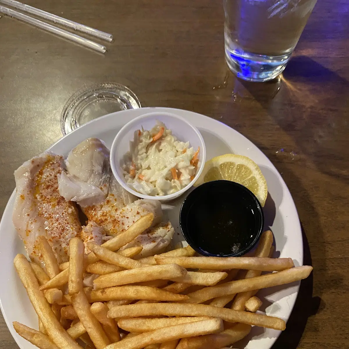 Baked Cod Dinner with Coleslaw and Beer Battered Fries