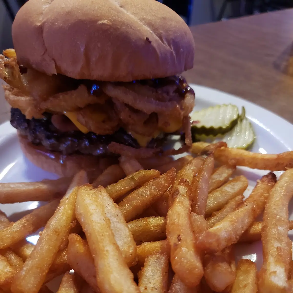 Western Burger with Beer Fries