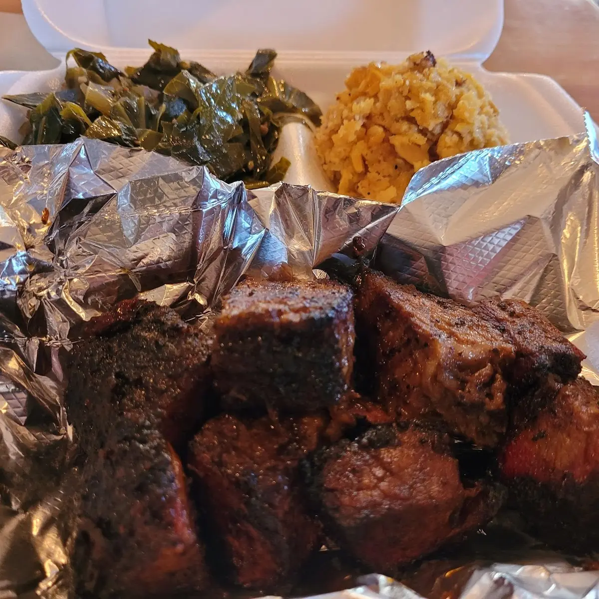 Burnt Ends Collard Greens and Corn Pudding