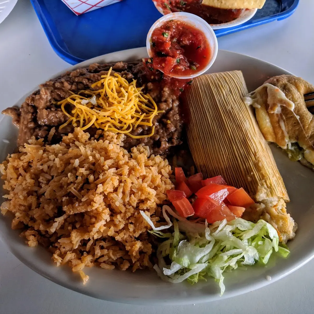Chile Relleno Tamale Beans and Rice